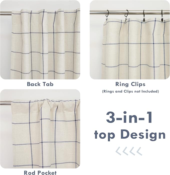DriftAway 100% Blackout Plaid Curtains 102 Inches Long 2 Panels Navy Blue | 100% Blackout, Linen Texture, Plaid Pattern, Two Layers, Rod Pocket & Back Tab, Bedroom Living Room Use, Luxury Appearance