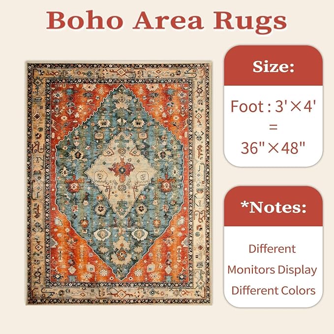SERISSA Boho Area Rug for Entryway, 3x4 | Washable, Non-Slip, Ultra Soft Print Distressed Tribal, Low-Pile Throw Door Mat