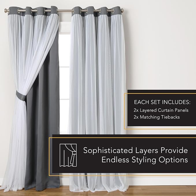 TOWN & COUNTRY LUXE Talia Double Layer Indoor Curtains, Sheer and Room Darkening Blackout, Grommet Top, Energy Efficient, 2-Pack Set, 52"x120", Black Pearl