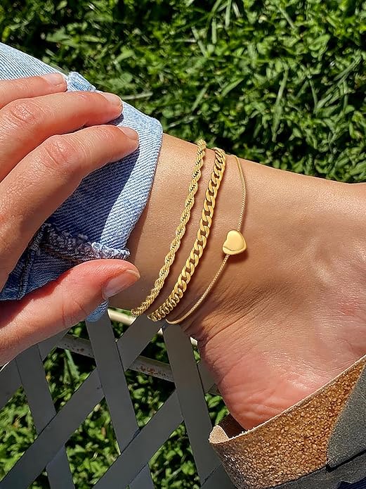 U7 2Pcs/3Pcs Ankle Bracelets for Women, Stainless Steel Cuban Link/Figaro/Rope/Heart Chain Anklets Sets,Waterproof Layered Anklets Adjustable 8.5"-10.5"
