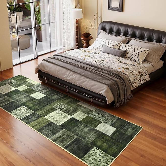 DweIke Runner Rug for for Hallways, 2'x6' Washable Kitchen Rugs with Non Slip Rubber Backing, Soft Low Pile Non-Shedding Geometric Carpet for Laundry Bedroom Bathroom, Green