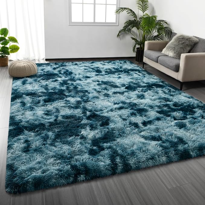 Deerhoo Large Shag Area Rugs 6 x 9, Tie-Dyed Plush Fuzzy Rugs for Living Room, Ultra Soft Fluffy Furry Rug for Bedroom, Indoor Carpet Nursery Rugs for Kids Room Home Decor, Peacock Blue