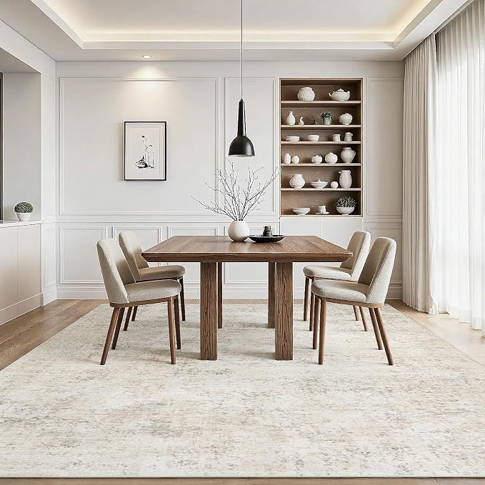 9x12 Area Rugs Living Room Rug Modern Abstract Neutral Washable Rugs Non Slip Soft Carpet Large Area Rug Low Pile Stain Resistant Non Shedding for Bedroom Nursery Dining Room Home Office Beige