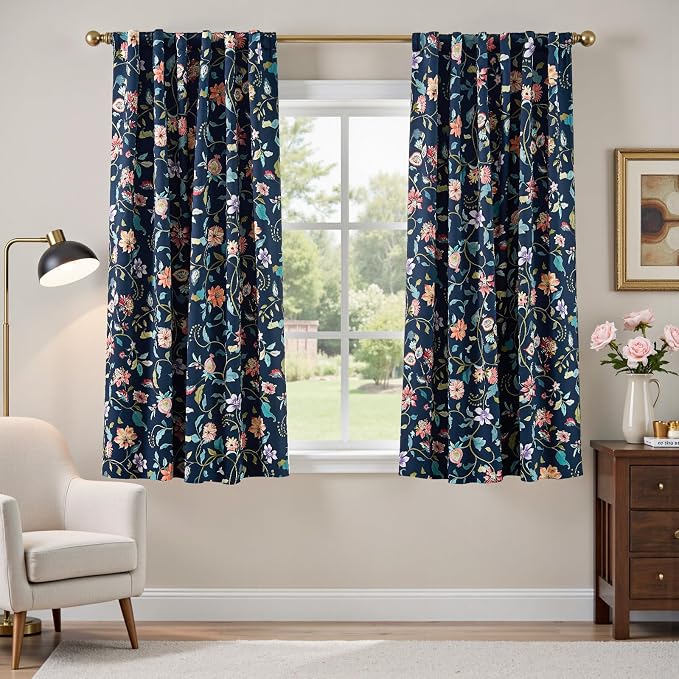 jinchan Dark Blue Floral Blackout Curtains 63 Inch Back Tab 2 Panels | Room darkening, light blocking, elegant vintage drapes, botanical floral print, bedroom, living room, window treatment