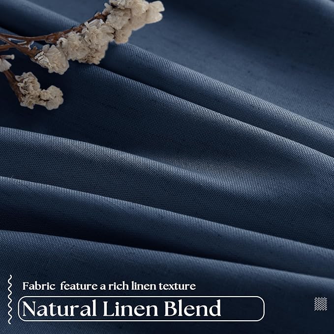 Navy Blue Pleated Linen Blackout 102 Inch Curtains for Bedroom 2 Panels Set | 100% Black Out Thermal Insulated, Pinch Pleat with Rings Hooks, Room Darkening Drapes with Liner, for Living Room W40xL102