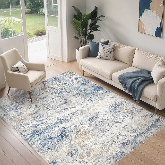 DMOYEST Area Rug Living Room Rugs - 5x8 Abstract Large Soft Indoor Washable Rug Neutral Modern Low Pile Carpet for Bedroom Dining Room Farmhouse Home Office - Blue