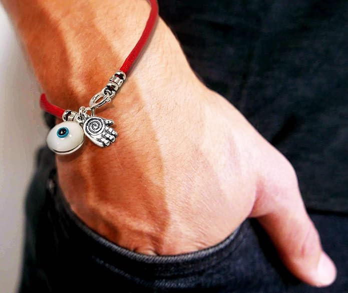 Hamsa Protection Bracelet for Men 8" Length, Red Silk String with Hamsa Hand Charm - Evil Eye Protection Jewelry for Success & Friendship - Gift in Cotton Pouch