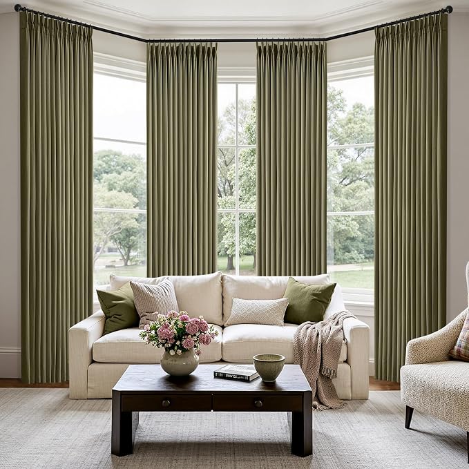 MIULEE Pinch Pleated Thick Linen Curtains 96 Inch 4 Panels Set Back Tab Memory Trained Pinch Pleat Semi Sheer Light Filtering Curtains Let Light in Window Drapes for Living Room Bedroom Olive Green