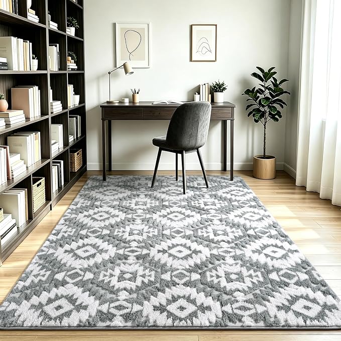 Macgace Soft Area Rug for Girls Bedroom, 3x5 Grey and White Shag Rugs | Washable Non-Slip Backing Medium Pile Modren Geometric Fuzzy Carpet for Kids Room, Classroom, Living Room, Dorm
