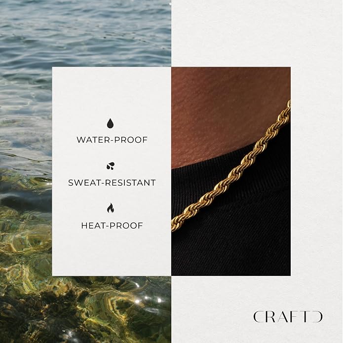 CRAFTD - Gold Rope Link Chain - Durable 18K Gold & 316L Stainless Steel - Waterproof, Heat & Sweat Resistant - Gifts for Men - Men's Jewelry