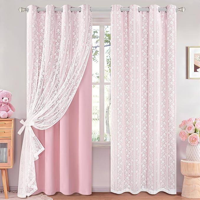 ASPMIZ Pink Blackout Curtains for Bedroom 63 inch Long, Double Layer Curtains with Lace Overlay, Light Blocking Grommet Drapes for Girls Living Room Thermal Insulated Window Curtain Set of 2, 52x63
