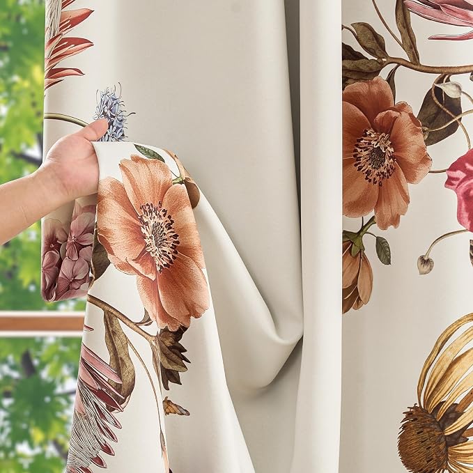 jinchan Beige Floral Blackout Curtains 96 Inch Vintage Grommet 2 Panels | Room darkening, privacy, vibrant flower print, retro boho bohemian drapes, bedroom, living room, fall decor, window treatment