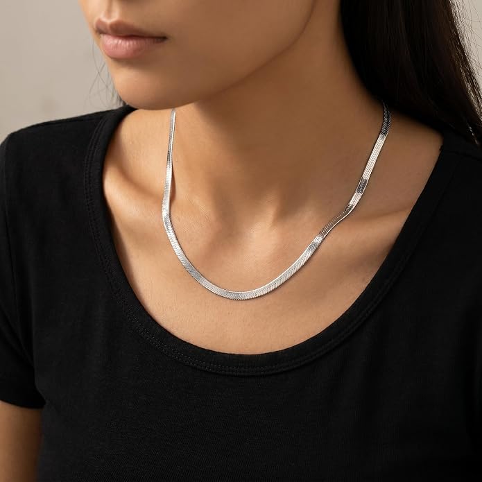 14K Gold/Silver Plated Stainless Steel Herringbone Necklace for Women, Dainty Snake Chain Choker, Trendy Simple Long Layered Jewelry, Non Tarnish 4mm Flexible Flat Necklace, Made in Italy