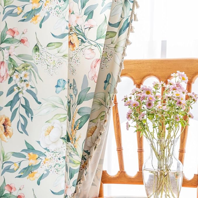 Boho Floral Curtains French Country Farmhouse Curtains 63 Inches Long Light Filtering Window Rod Pocket Drapes for Living Room 2 Panels-Green Flor