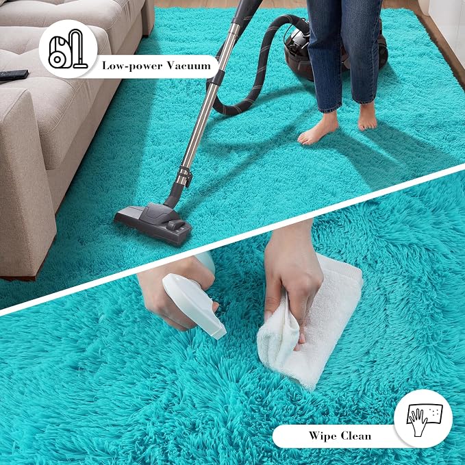 Teal Blue Rug Fluffy Rugs, 3x5 Teal Area Rugs for Bedroom, Soft Play Mat, Indoor Floor Carpet for Teen, Preppy Dorm, Plush Aesthetic Bedside Rug