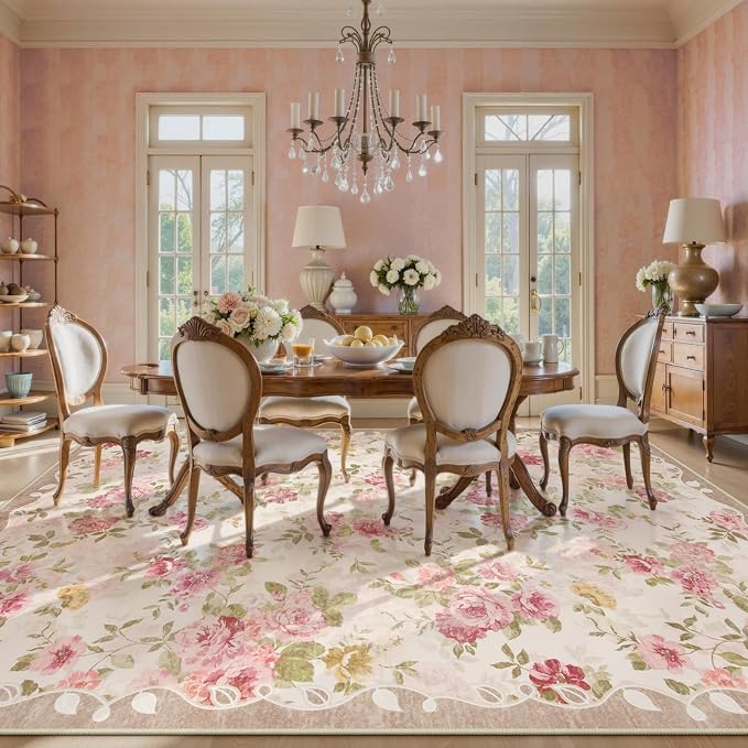 Lahome Floral Washable Rugs 9x12, Large Area Rugs for Living Room | Soft Non-Slip Thin Vintage Boho Bedroom Carpet for Dining Room Playroom Nursery Farmhouse, Nina Beige/Pink/Multi