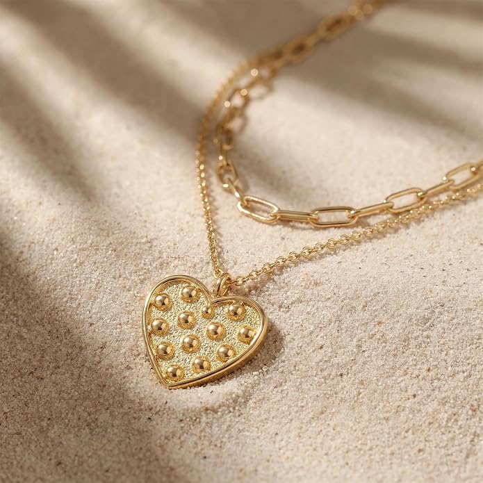 MEVECCO Layered Heart Necklace Pendant Handmade 18k Gold Plated Dainty Gold Choker Arrow Bar Layering Long Necklace for Women
