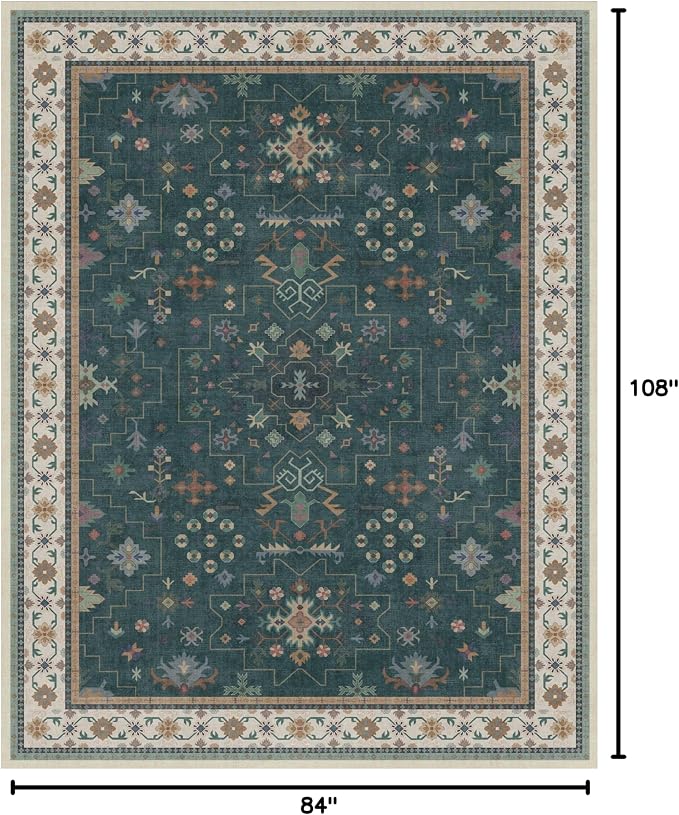 Hazo Haus Vintage Dark Green 7x9 Dining Room Rugs for Under Kitchen Table - Washable Livinig Room Rug - Unique Floral Pastel Low Pile Non-Slip Area Rugs for Bedroom