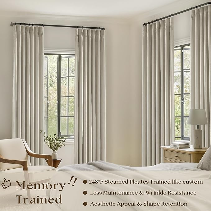 Oatmeal Pleated Linen 100% Blackout Curtains 90 Inches Long for Bedroom | Pinch Pleat Rings Hooks Back Tab, Black Out Thermal Insulated Room Darkening, Neutral Curtains with Liner, for Living Room