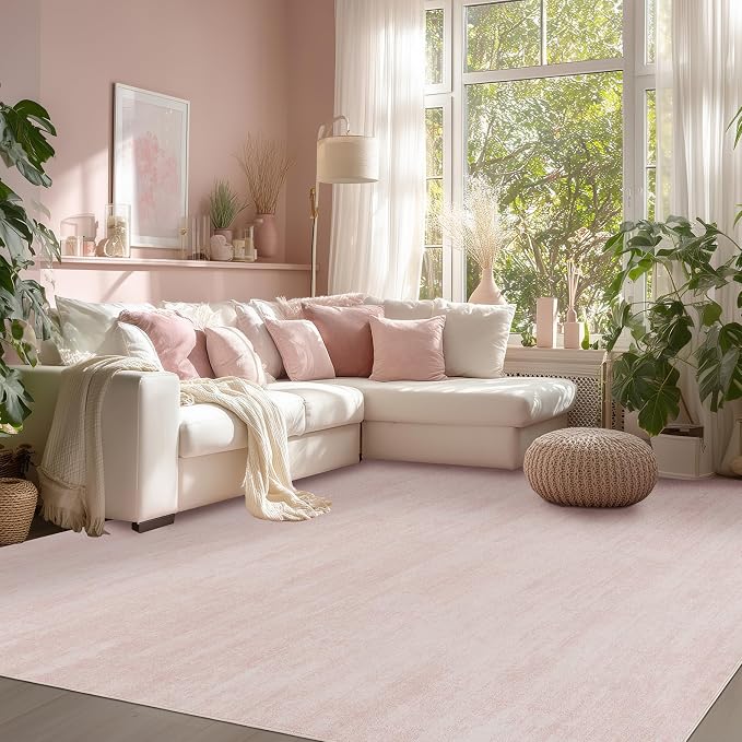 BILEEHOME Pink Nursery Rug 6x9 Boho Neutral Baby Foldable Washable Rugs | Blush, Low Pile Soft Ombre Carpet, for Bedroom Kids Room Office, Modern Abstract Aesthetic, with Non Slip Rubber Backing
