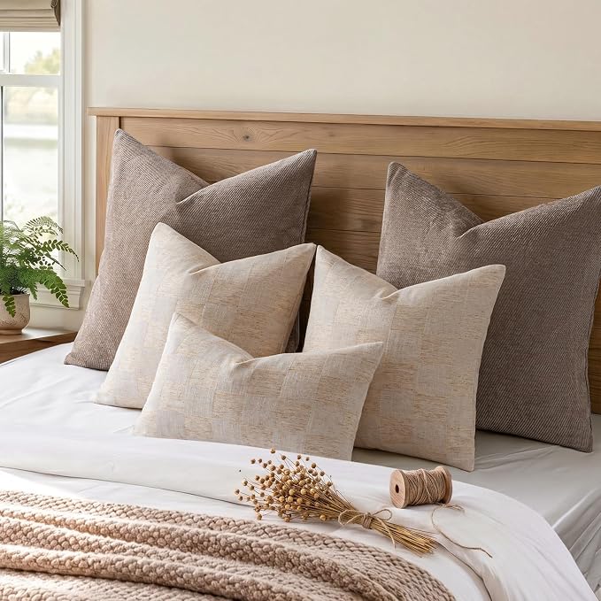a moment Set of 2 Decorative Linen Throw Pillow Covers,Large Grid Textured Neutral Boho Farmhouse Cushion Covers,Soft Aesthetic Pillowcases for Couch Sofa Living Room Home Decor,20x12 Inch,Natural