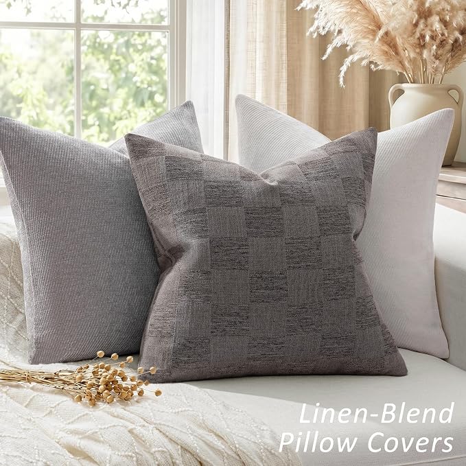 a moment Set of 2 Decorative Linen Throw Pillow Covers,Large Grid Textured Neutral Boho Farmhouse Cushion Covers,Soft Aesthetic Pillowcases for Couch Sofa Living Room Home Decor,18x18 Inch,Dark Gray