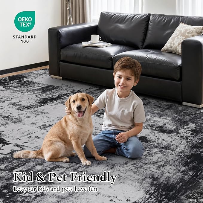 Rugflix 10x12 Area Rugs for Living Room, Black Grey Large Rug Stain-Resistant Low Pile, Big Washable Dark Carpet Non-Slip for Bedroom Dining Room Home Office Nursery Room