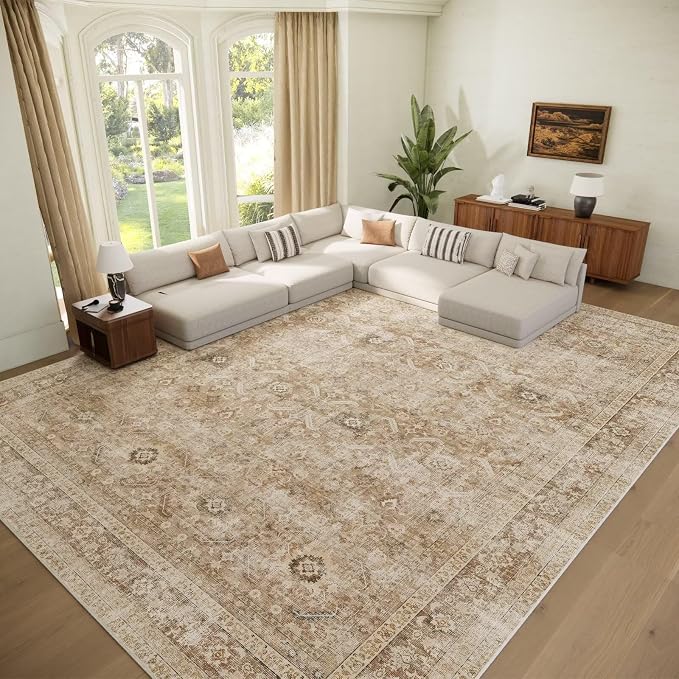 Boho Washable 10x14 Area Rugs for Living Room, Cushioned, Brown | Vintage Non-slip Neutral Oriental Rugs for Bedroom Dining Room Nursery Office High Traffic Area