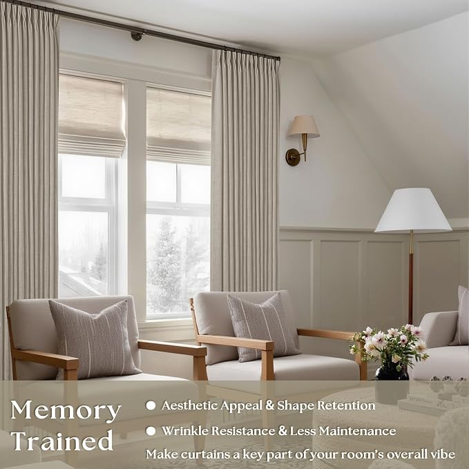 Pinch Pleated Linen Curtains 86 Inches Long for Living Room 2 Panels Set Greyish Beige Flax Double Pleated Drapes Back Tab Farmhouse Ceiling Floor 86 Inch Window Curtains Bedroom Burlywood Birch