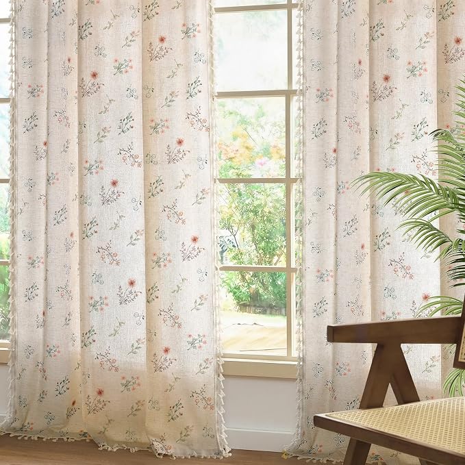 Boho Floral Spring Light Filtering Curtains 96 Inch Length 2 Panels Set, Farmhouse Semi Sheer Bedroom Living Room Vintage