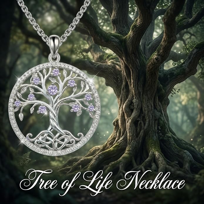 ONEFINITY Tree of Life Necklace 18k White Gold Plated Tree of Life Birthstone Pendant Necklace Birthstone Jewelry Anniversary Birthday Gifts for Women Men