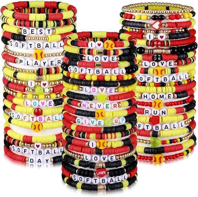Landical 64 Pcs Sports Softball Bracelets for Women Vinyl Clay Party Favor Bracelet Pack Bulk Beaded Accessories Softball Player Gifts Adjustable Gifts for Goody Bag Fillers Party Favors