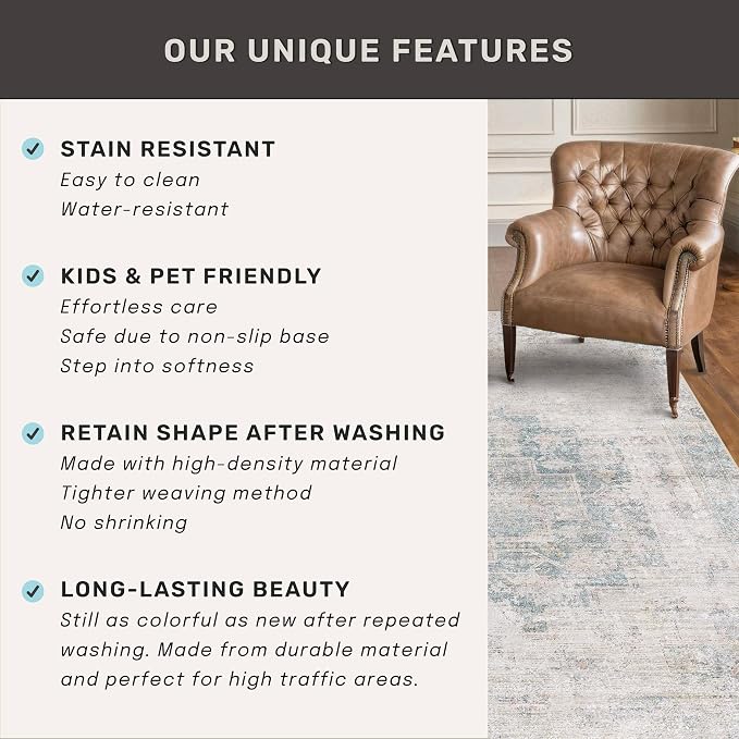 9x12 Washable Area Rug for Living Room, Large Light Blue Vintage Medallion Rug, Non Slip Low Pile Stain Resistant Carpet for Bedroom Dining Room, Soft Distressed Neutral Home Decor