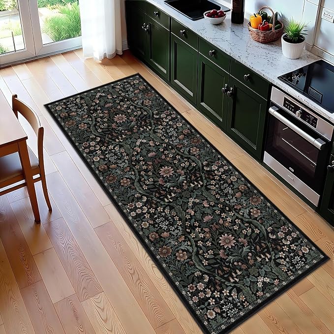 3x7 Washable Runner Rug,Black Floral Boho Area Rug for Hallway,Low-Pile Non-Slip Stain Resistant Carpet for Kitchen, Bedside,Laundry Room,Entryway