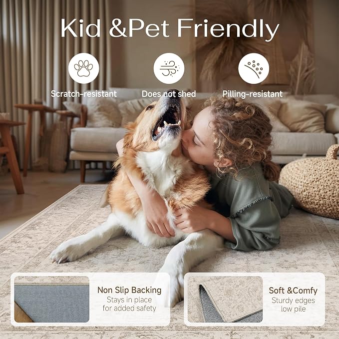 2x5 Beige Neutral Kitchen Runner Rug | Washable, Low Pile, Accent, Vintage, Soft, Non Slip, Carpet for Bathroom Hallway Bedroom Nursery Indoor Home Decor