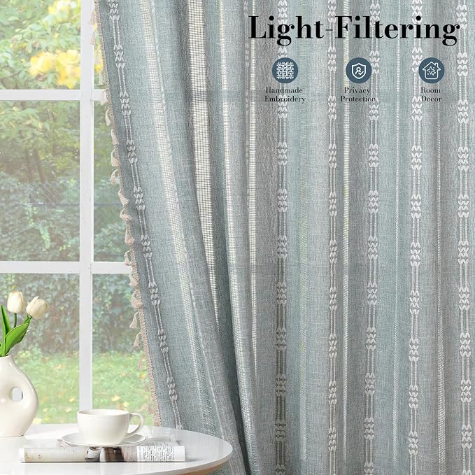 ColorBird Boho Blue Curtains Linen-Textured 84 Inches for Living Room Bedroom Light Filtering Farmhouse Curtains & Drapes Embroidered Striped Window Treatment for Nursery Closet Dining Room