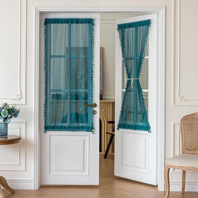 Sutuo Home Teal French Door Curtains for Front Glass Door & Sidelights, Semi Sheer Farmhouse Bohemian Rustic Tassels Vintage Privacy Cottagecore Festival Decor, Rod Pocket 2 Panels 25" W x 72" L Teal