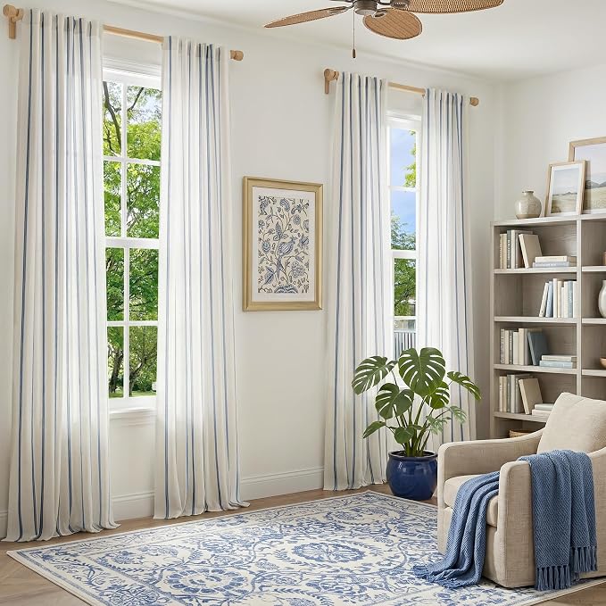 Vangao Striped Curtains Blue on White Semi Sheer Curtains 96 Inches Long for Living Room Bedroom Modern Farmhouse Linen Textured Light Filtering Drapes 2 Panels Blue W50 x L96 Inch
