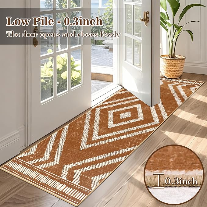 Boho Runner Rugs 2x6ft Non Slip, Brown Washable Rug with Rubber Backing, Soft Moroccan Farmhouse Kitchen Runner, Low Pile Geometric Floor Carpet for Hallway Bedroom Bathroom