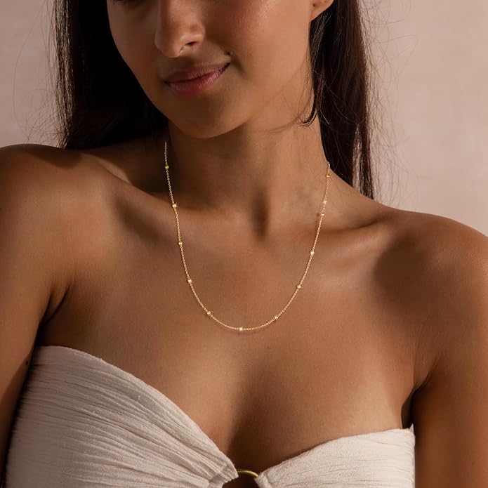 Carffordo 925 Sterling Silver Chain Necklace 16K Gold Plated Beaded Chain Necklace for Women Simple Dainty Choker Necklace Satellite Waterproof Link Necklace Trendy Jewelry Gifts