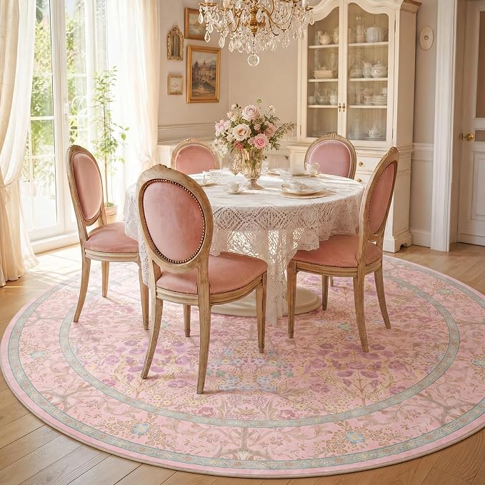 Lunasun Light Pink 6ft Round Rug for Living Room - Floral Circle Rug for Bedroom, Kids Room, Home Office, Washable Low Pile Non Slip, Pastel Green and Pink French Country Style Indoor Aesthetic Décor