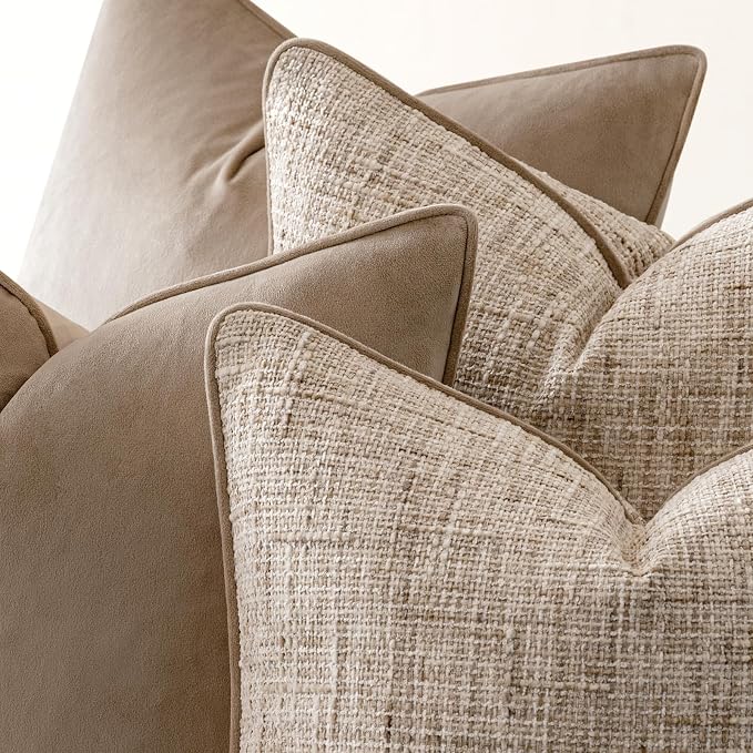 a moment Khaki 4 Pack Throw Pillow Covers - Chenille & Velvet Set with Piping, Farmhouse Textured Design Cushion Cases for Couch Sofa Bed (18x18 Inch, No Insert)