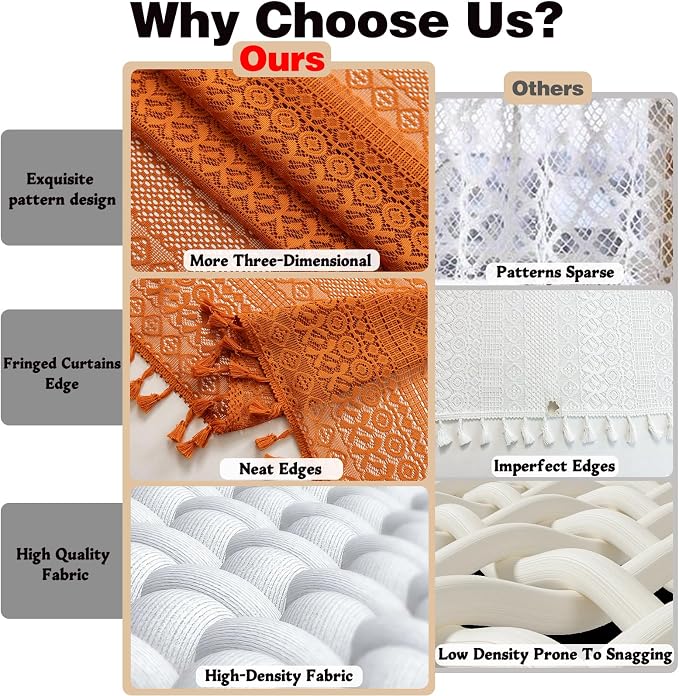 Sutuo Home Terracotta Boho Lace Vintage Curtains 45 Inches 2 Panels for Kitchen Cafe, Orange Small Window Curtains Semi Sheer Crochet Country Tassels Bohemian Drape Privacy Cottage Rod Pocket, 50" W