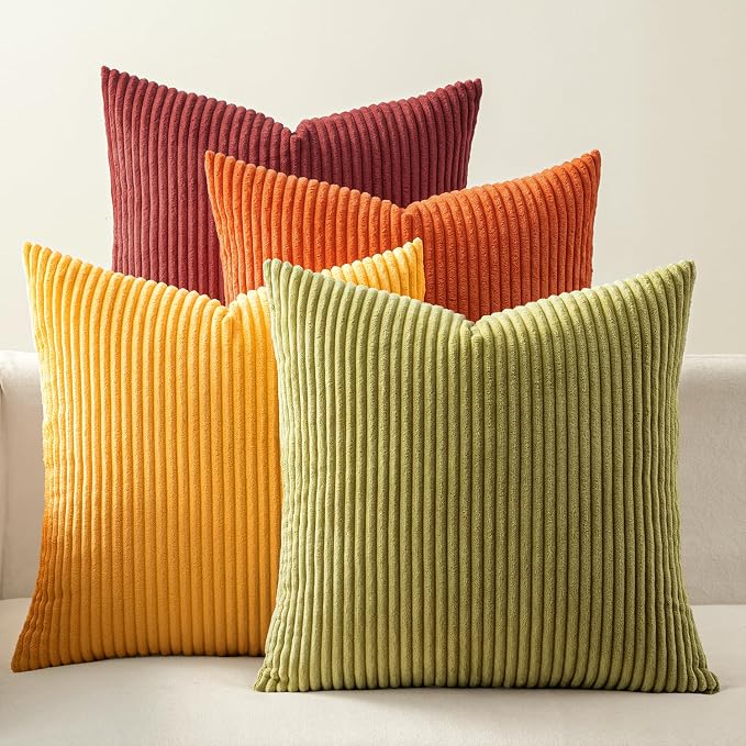 EMEMA Burnt Orange Decorative Throw Pillow Covers 24x24 Inch Set of 4 Boho Farmhouse Corduroy Striped Square Pillow Case,Western Modern Cushion Covers for Couch Bed Livingroom Home Decor