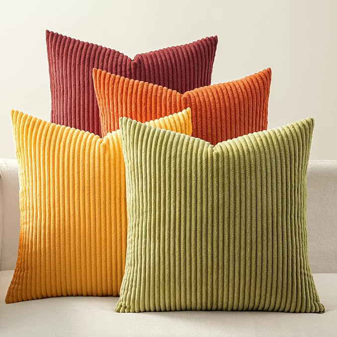 EMEMA Burnt Orange Decorative Throw Pillow Covers for Couch Bed Livingroom 20x20 Inch Set of 4 Boho Farmhouse Corduroy Striped Square Pillow Case,Western Modern Cushion Covers Home Decor