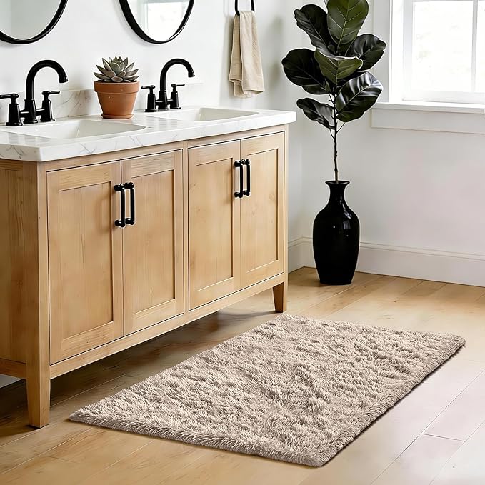 Fluffy Rug Shag Area Rug, Beige 2x4 Area Rugs for Bedroom, Small Bedside Rug, Soft Fluffy Shag Entryway Throw Rugs for Living Room Bedroom Room Home Decor