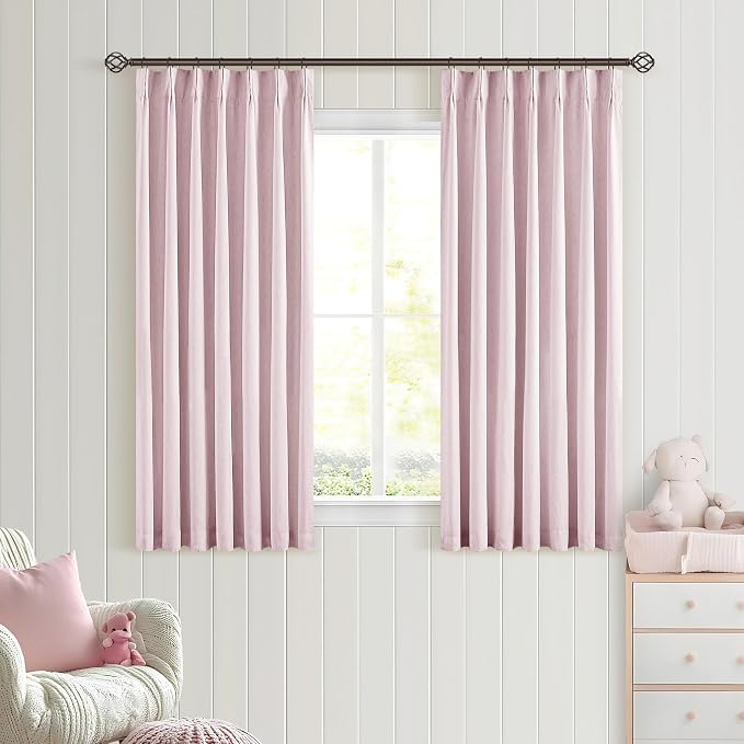 Light Pink Pleated Black Out Linen 45 Inch Curtains with Liner 2 Panels | 100% Blackout, Memory Trained Pinch Pleat, Thermal Insulated, Noise Reduce, Short Curtains 2 Layers for Nursery Small Window