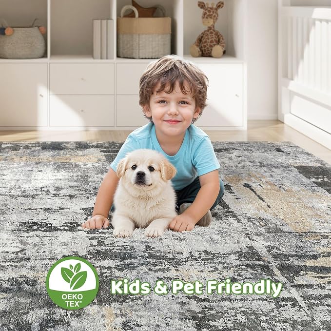 6x8 Area Rug Living Room: Washable Large Abstract Modern Soft Rug Stain Resistant Indoor Floor Non-Slip Accent Carpet for Bedroom Nursery Playroom Dining Room Office Dorm Home House- Black Gold