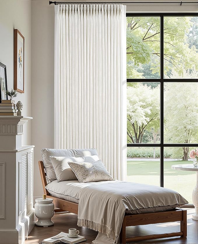 100 Inch Wide Pinch Pleated Linen Curtains 102 Inches Long for Living Room Sliding Glass Door Memory Shape Trained Pleated Drapes Natural Cream Beige Light Filtering Curtains 100W x 102L