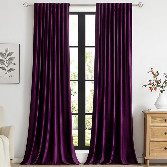 PRIMROSE Purple Velvet Curtains 90 inch Long for Living Room,Set of 2 Panels Blackout Rod Pocket Back Tab Window Treatment Room Darkening Heavy Decorative Curtains Drapes for Bedroom